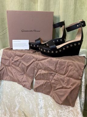 Gianvito Rossi Black Studded Wedge Sandals with Ankle Strap